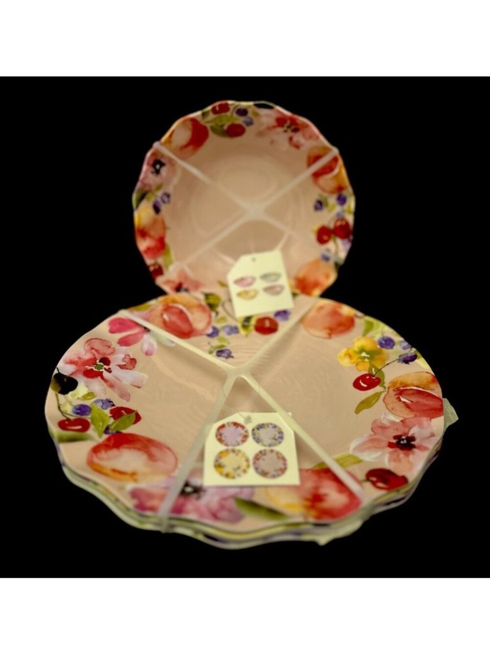 Melamine SET 8 Dinner Plates &Salad Dessert Bowls Dinnerware Fruit 4 Designs NEW